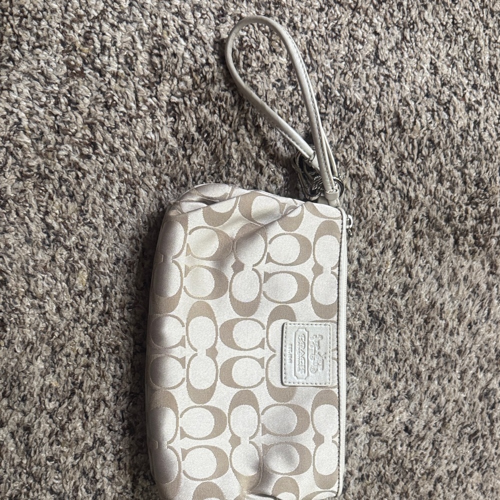 Coach Metallic Silver Signature Logo Wristlet Pouch
